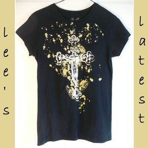 BB Dakota Silver Cross Print T-Shirt Goth Medium